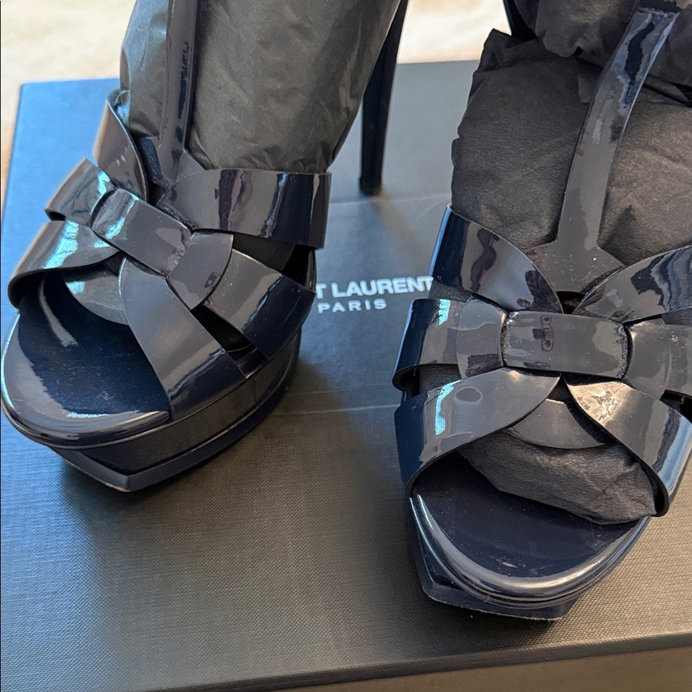 Saint Laurent Deep Navy Patent Leather Bow Platform Heels